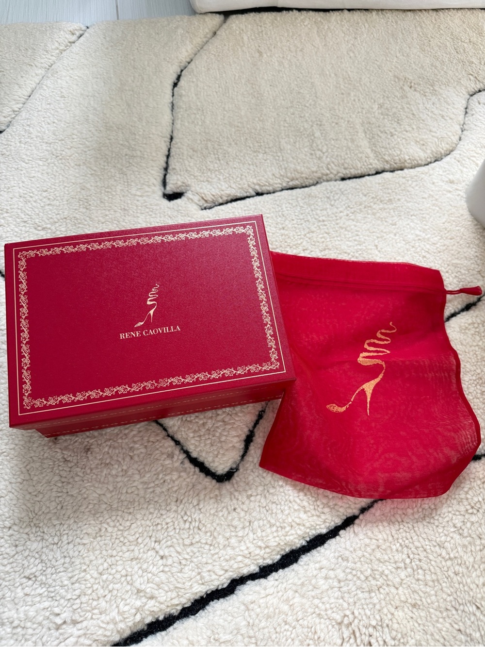 Rene Caovilla Red Box with Gold Logo and Matching Dust Bag